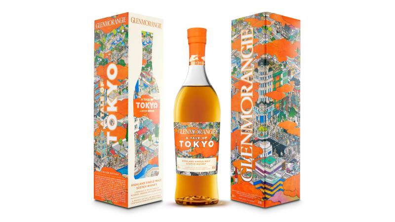 Limitowana whisky z 2023 roku Glenmorangie A Tale of Tokyo w oryginalnym kartonie z grafiką przedstawiającą Japonię i destylarnię Glenmorangie