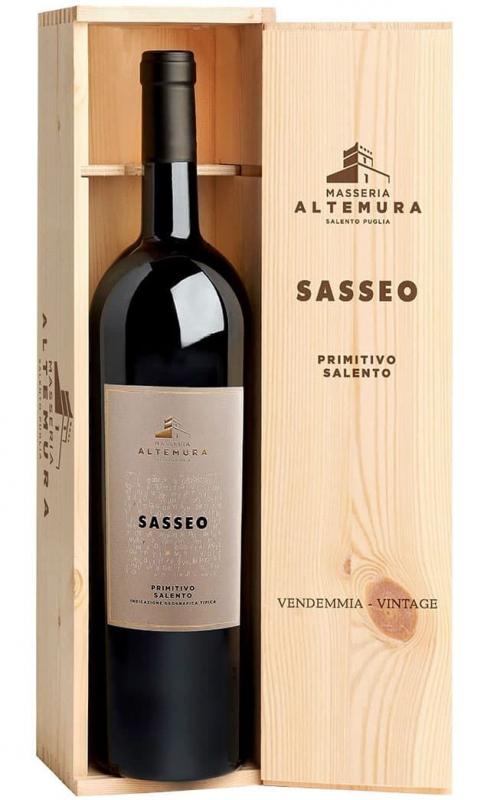 Wino Sasseo Primitivo Salento IGT Magnum 1,5l - Wino włoskie czerwone, wytrawne w drewnianej skrzynce o pojemności 1,5 litra