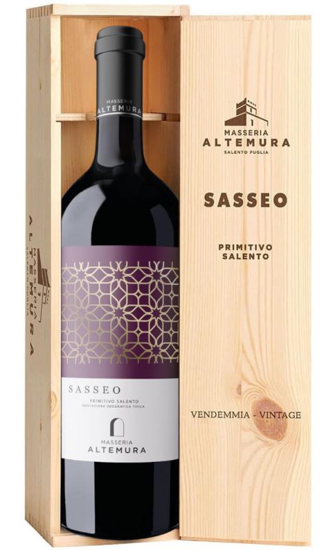 Wino Sasseo Primitivo Salento IGT Magnum 1,5l - Wino włoskie czerwone, wytrawne w drewnianej skrzynce o pojemności 1,5 litra