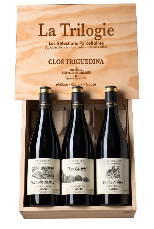 Wino La Trilogie Baldes 3 x 0,75l 2014 Clos Triguedina zestaw w skrzynce drewnianej