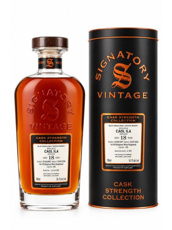 Caol Ila 2007 18YO Cask Strength Collection Cask #105 od niezależnego dystrybutora Signatory Vintage o zawartości alkoholu 56,1% ABV , dojrzewała przez 18 lat w rzadko spotykanej beczce pierwszego napełnienia po prestiżowym, włoskim winie z regionu Toskanii - 1st Fill Bolgheri Wine Hogshead (Cask #105) (1)